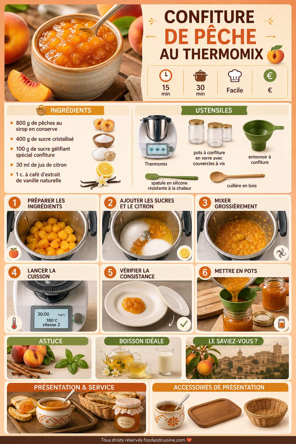 Fiche recette Confiture de p&ecirc;che au Thermomix : recette facile et rapide
