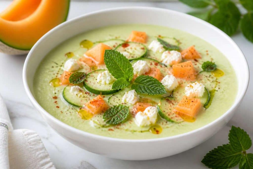 Soupe froide de melon, concombre et feta : recette rafraîchissante