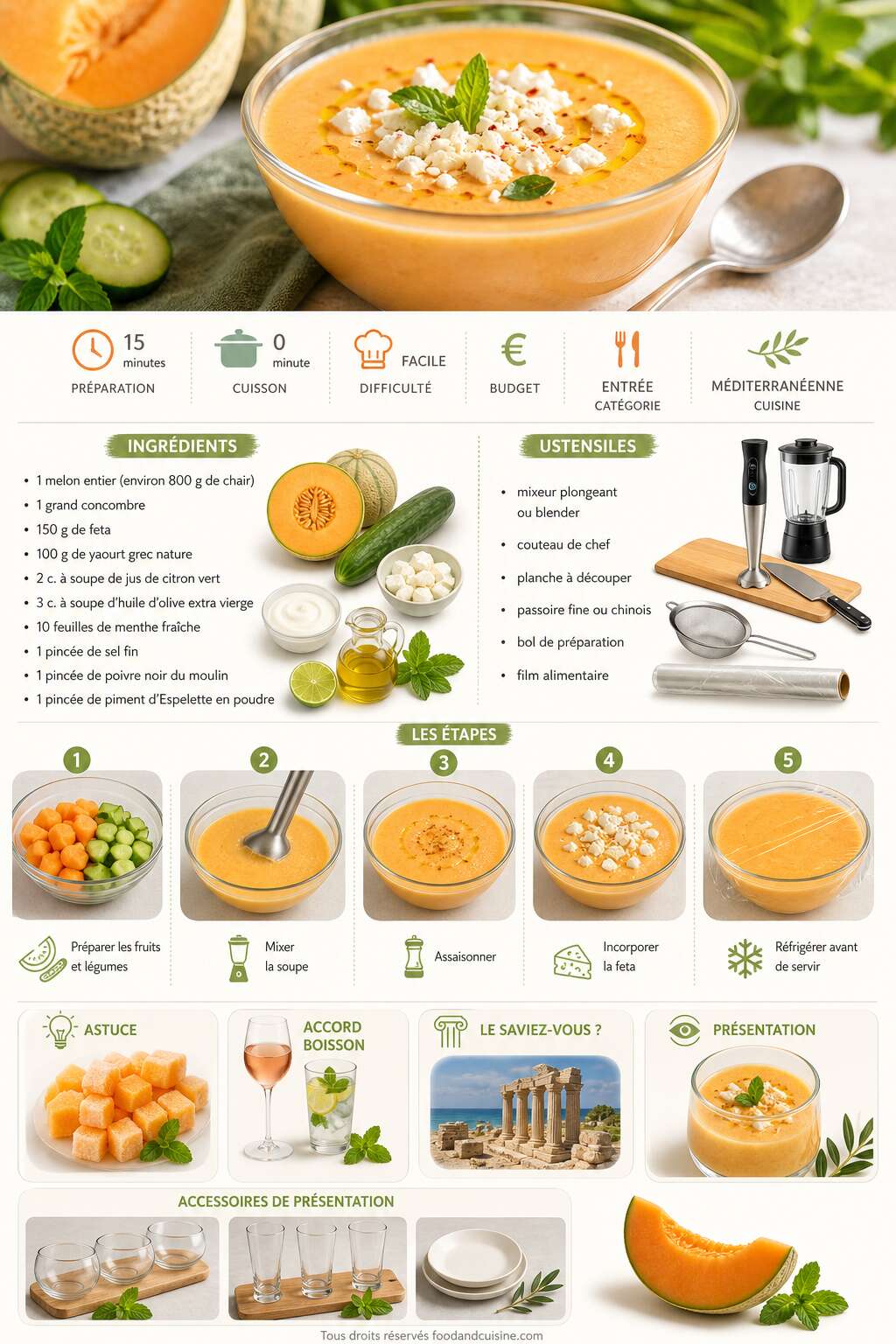 Fiche recette Soupe froide de melon, concombre et feta : recette rafra&icirc;chissante