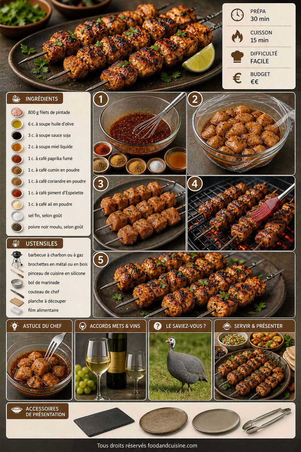 Fiche recette Brochettes de pintade marin&eacute;e au barbecue : recette savoureuse