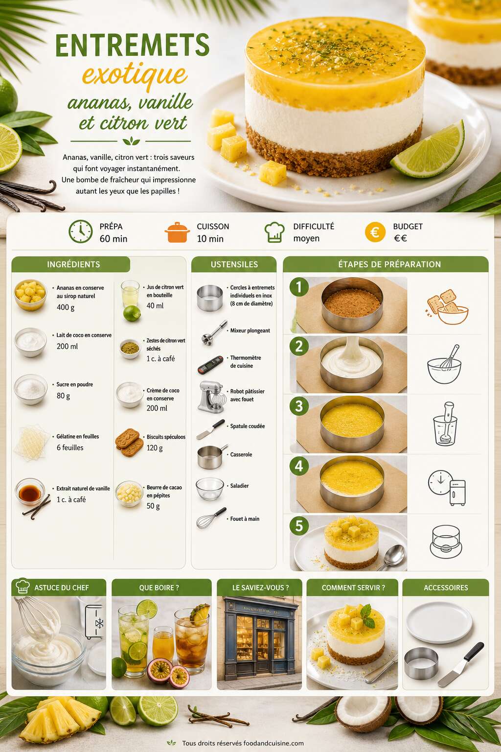 Fiche recette Recette d'entremets exotique ananas, vanille et citron vert Fiche recette Recette d'entremets exotique ananas, vanille et citron vert