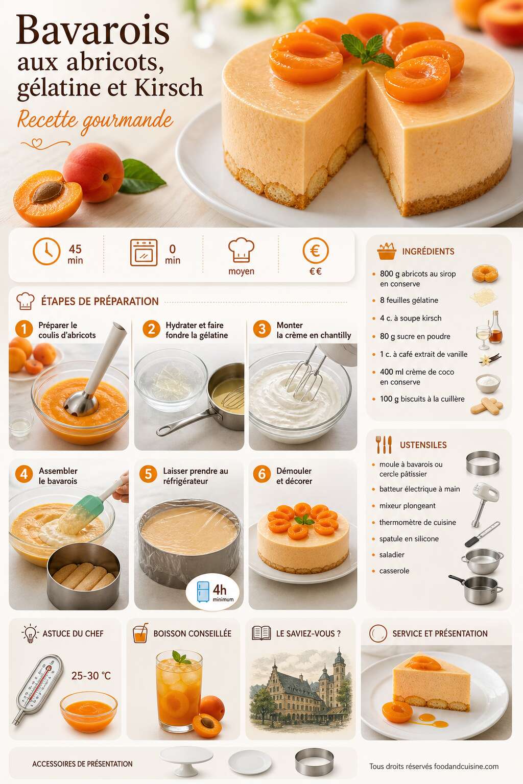 Fiche recette Bavarois aux abricots, gélatine et Kirsch : recette gourmande Fiche recette Bavarois aux abricots, gélatine et Kirsch : recette gourmande