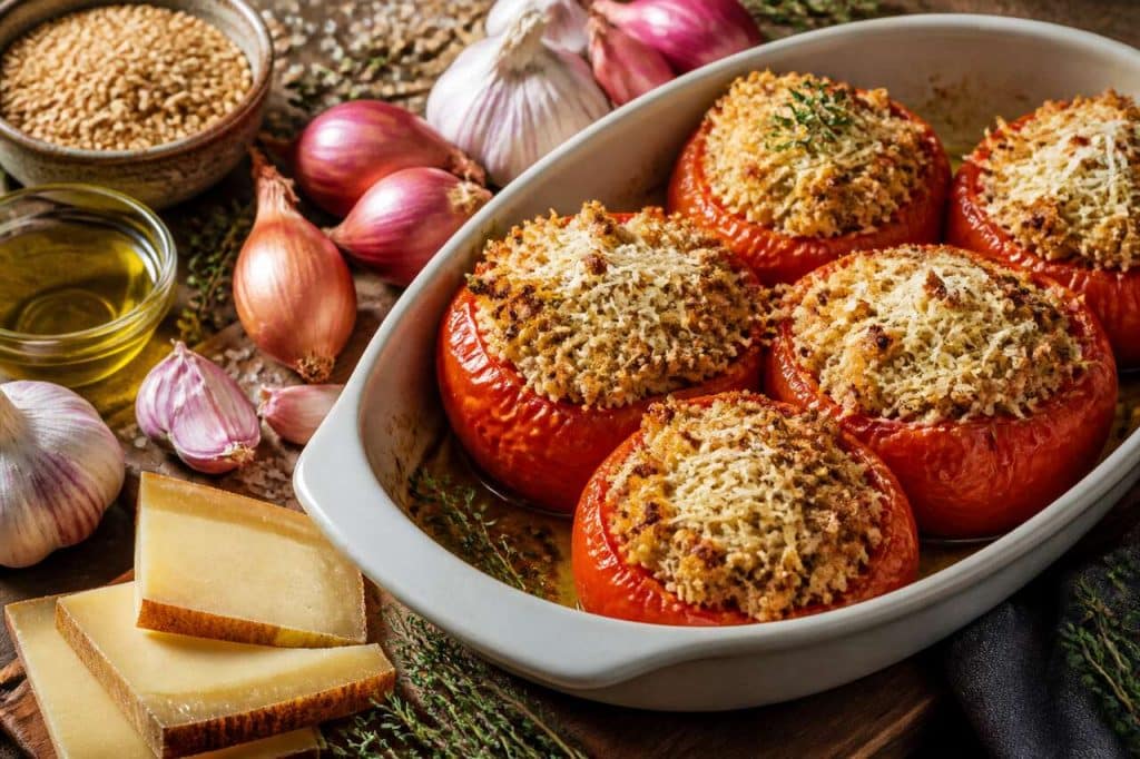 Tomates farcies à l'épeautre, échalotes confites et tomme de savoie igp