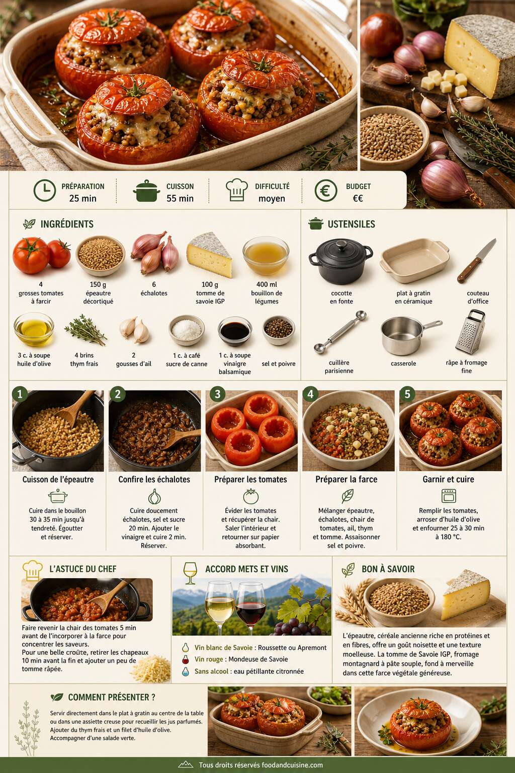 Fiche recette Tomates farcies à l'épeautre, échalotes confites et tomme de savoie igp Fiche recette Tomates farcies à l'épeautre, échalotes confites et tomme de savoie igp