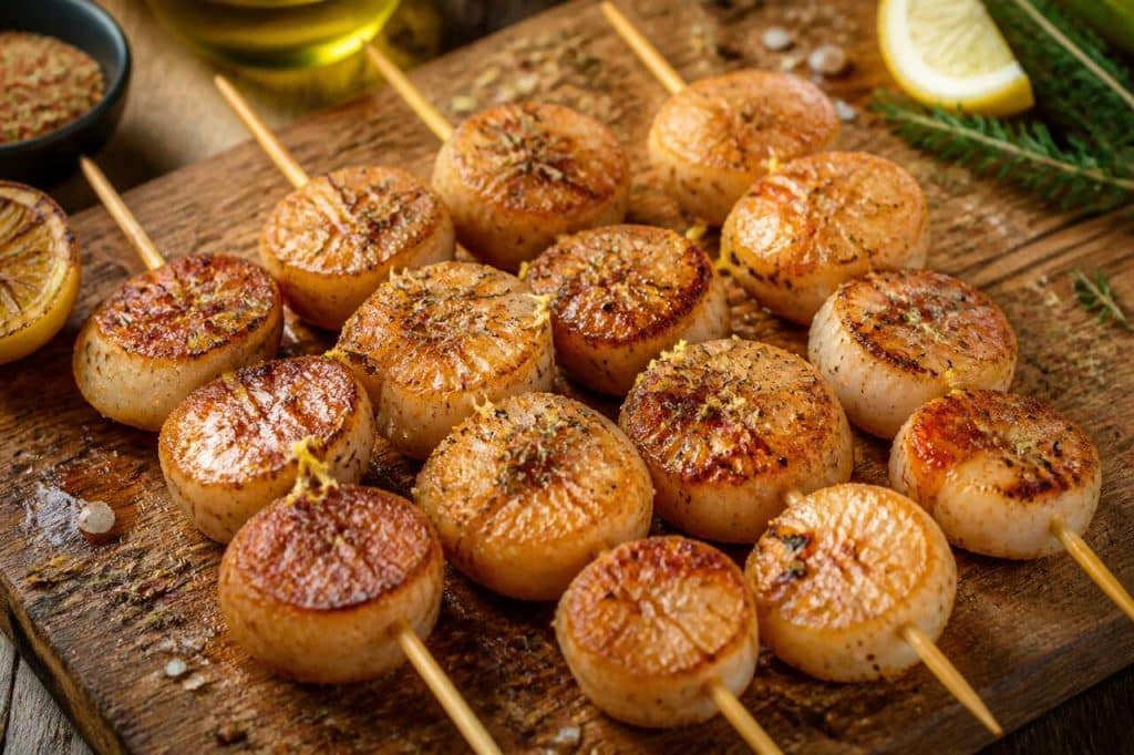 Brochettes de Saint-Jacques marinées au barbecue : recette savoureuse