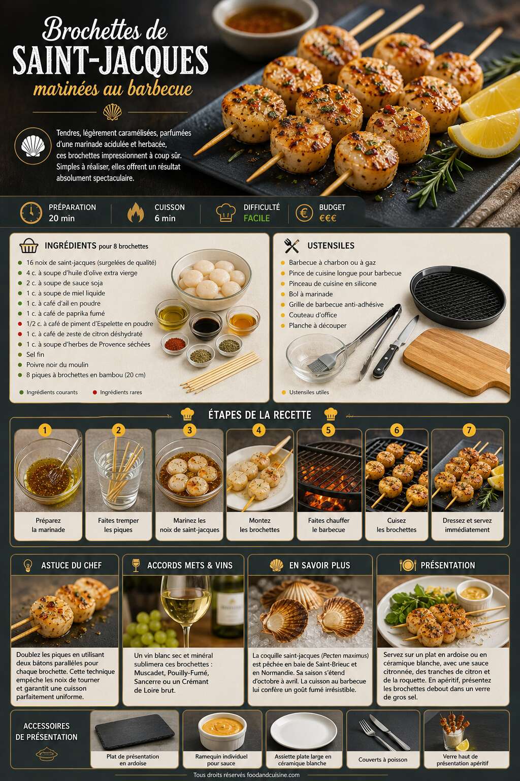 Fiche recette Brochettes de Saint-Jacques marin&eacute;es au barbecue : recette savoureuse
