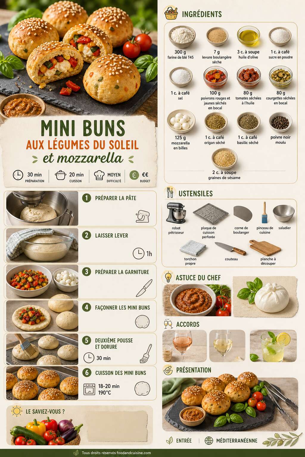 Fiche recette Mini buns aux l&eacute;gumes du soleil et mozzarella : recette gourmande