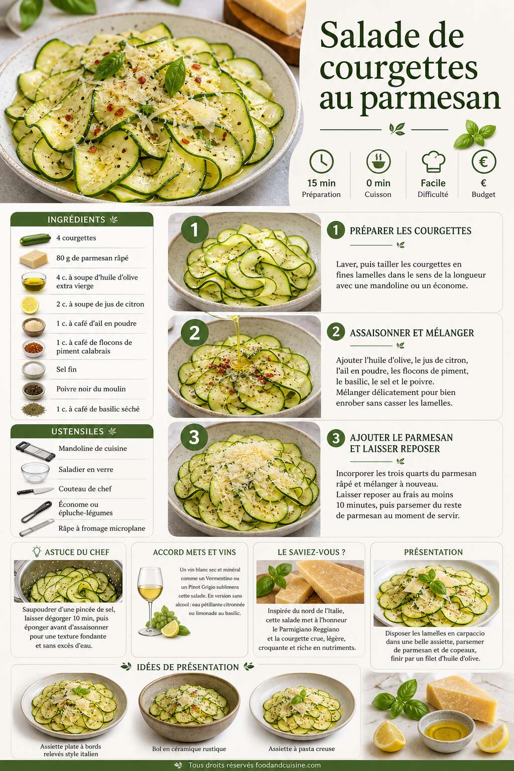 Fiche recette Salade de courgettes au parmesan : recette simple et savoureuse Fiche recette Salade de courgettes au parmesan : recette simple et savoureuse