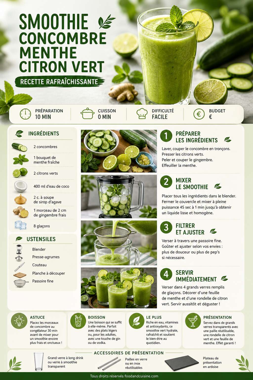 Fiche recette Smoothie concombre menthe citron vert : recette rafraîchissante Fiche recette Smoothie concombre menthe citron vert : recette rafraîchissante