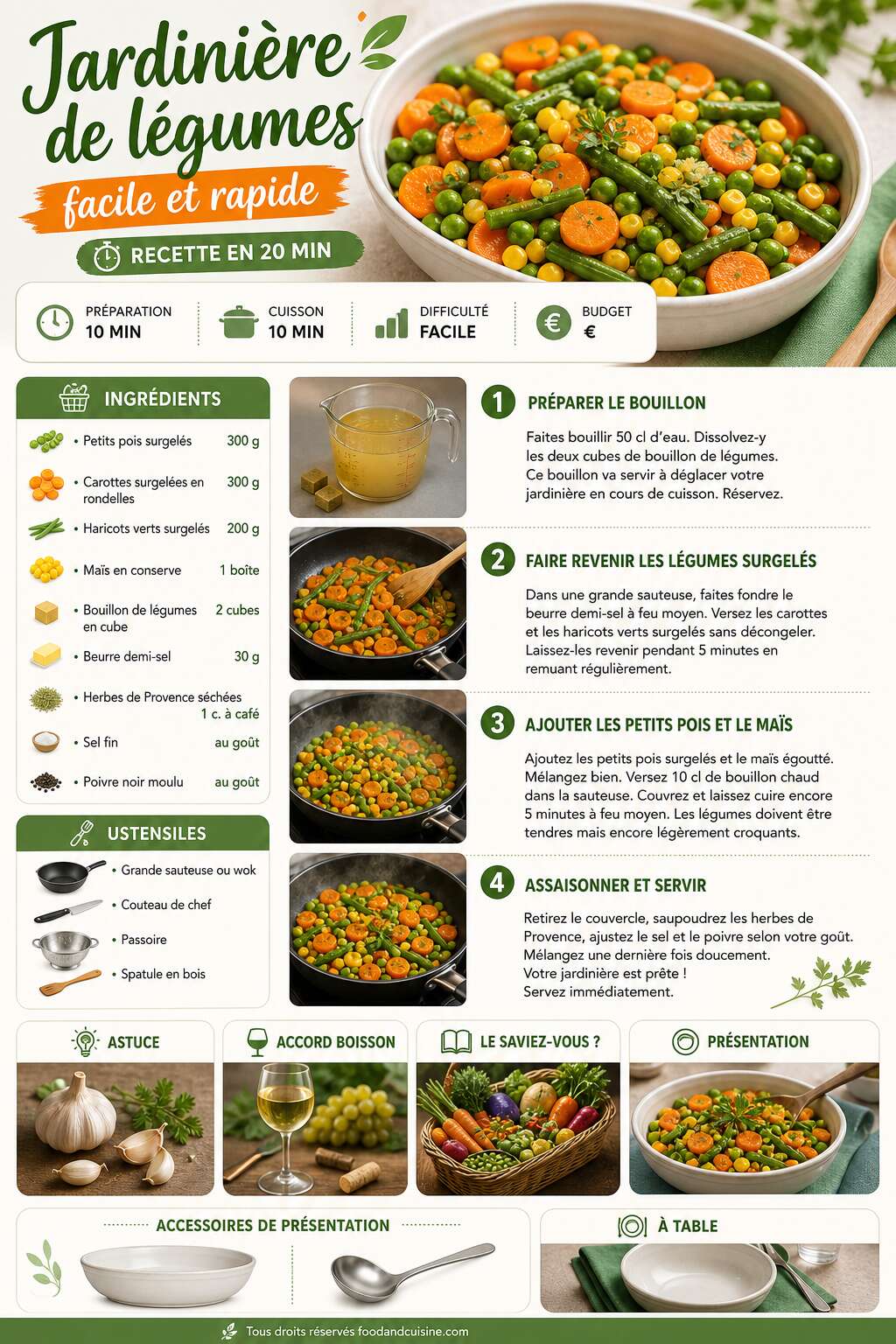 Fiche recette Jardini&egrave;re de l&eacute;gumes facile et rapide : recette en 20 min