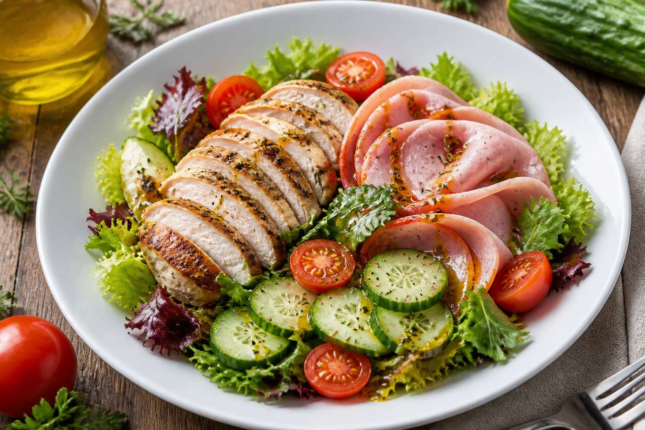Salade fraîcheur concombre, tomate, jambon et poulet : une recette légère