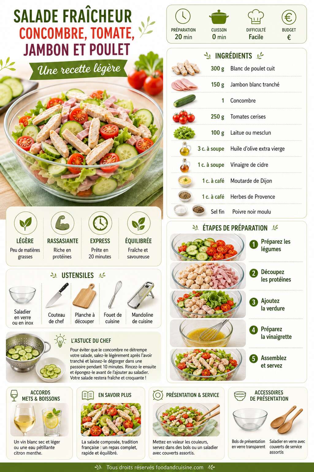 Fiche recette Salade fraîcheur concombre, tomate, jambon et poulet : une recette légère Fiche recette Salade fraîcheur concombre, tomate, jambon et poulet : une recette légère