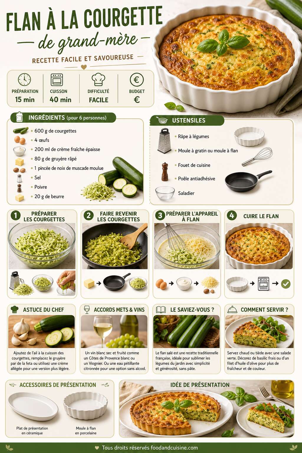 Fiche recette Flan à la courgette de grand-mère : recette facile et savoureuse Fiche recette Flan à la courgette de grand-mère : recette facile et savoureuse