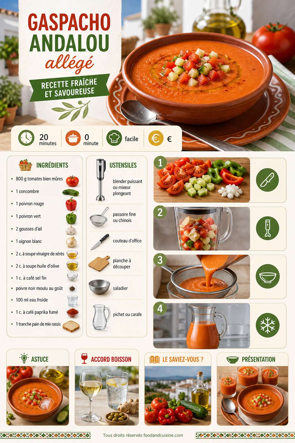 Fiche recette Gaspacho andalou all&eacute;g&eacute; : recette fra&icirc;che et savoureuse