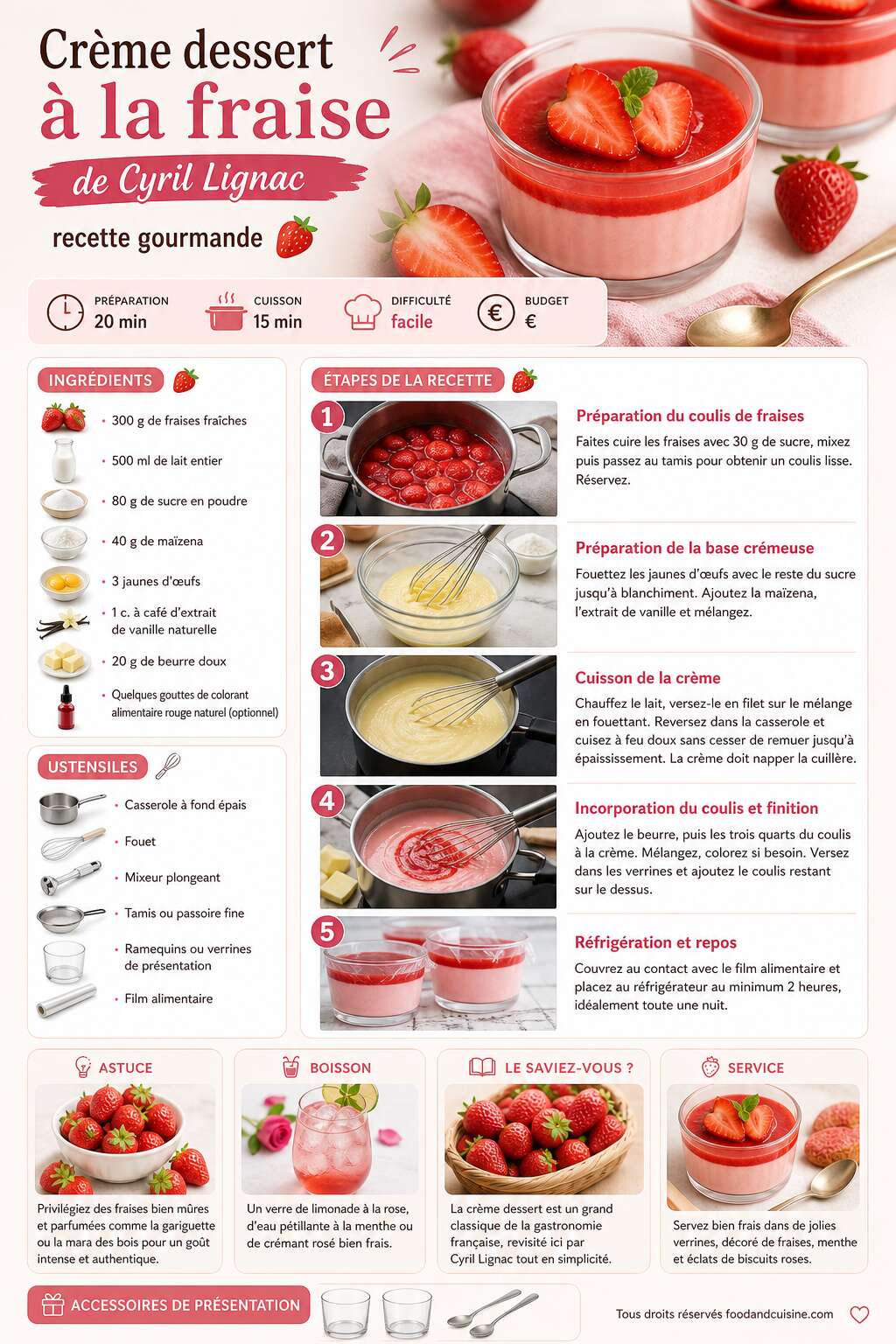 Fiche recette Cr&egrave;me dessert &agrave; la fraise de Cyril Lignac : recette gourmande