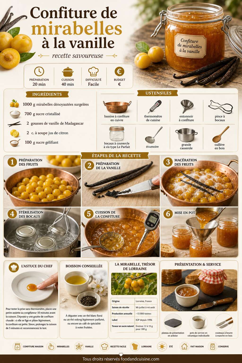 Fiche recette Confiture de mirabelles à la vanille : recette savoureuse Fiche recette Confiture de mirabelles à la vanille : recette savoureuse