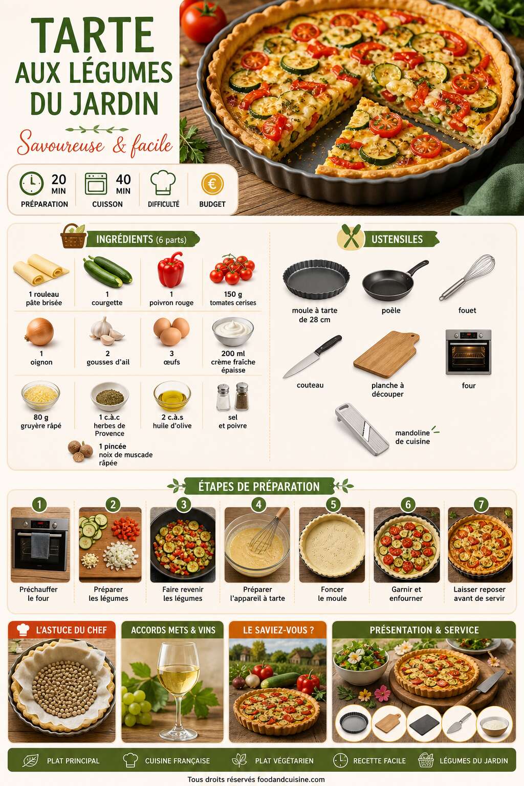 Fiche recette Tarte aux légumes du jardin : recette savoureuse et facile Fiche recette Tarte aux légumes du jardin : recette savoureuse et facile