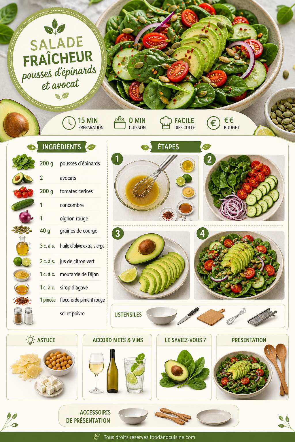 Fiche recette Salade fraîcheur : pousses d'épinards et avocat Fiche recette Salade fraîcheur : pousses d'épinards et avocat