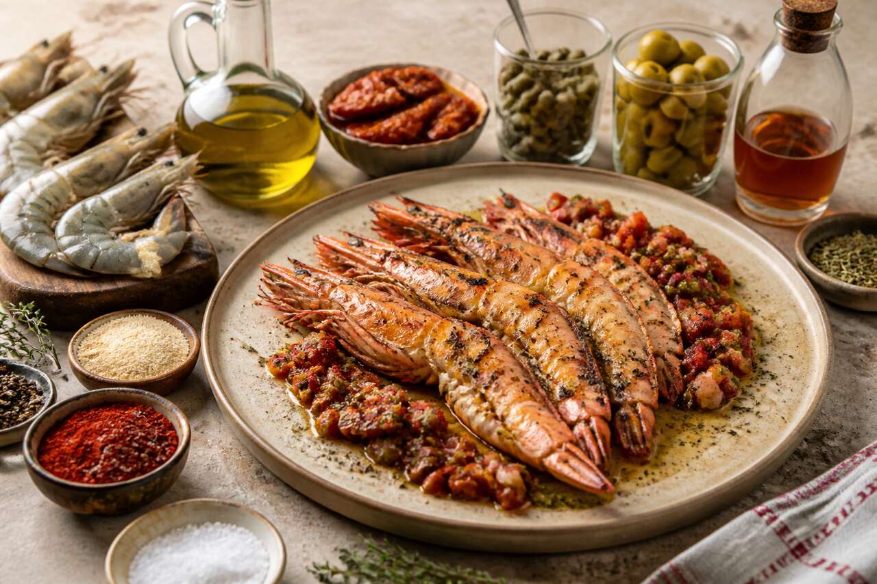 Gambas grillées et vierge de légumes par Cyril Lignac