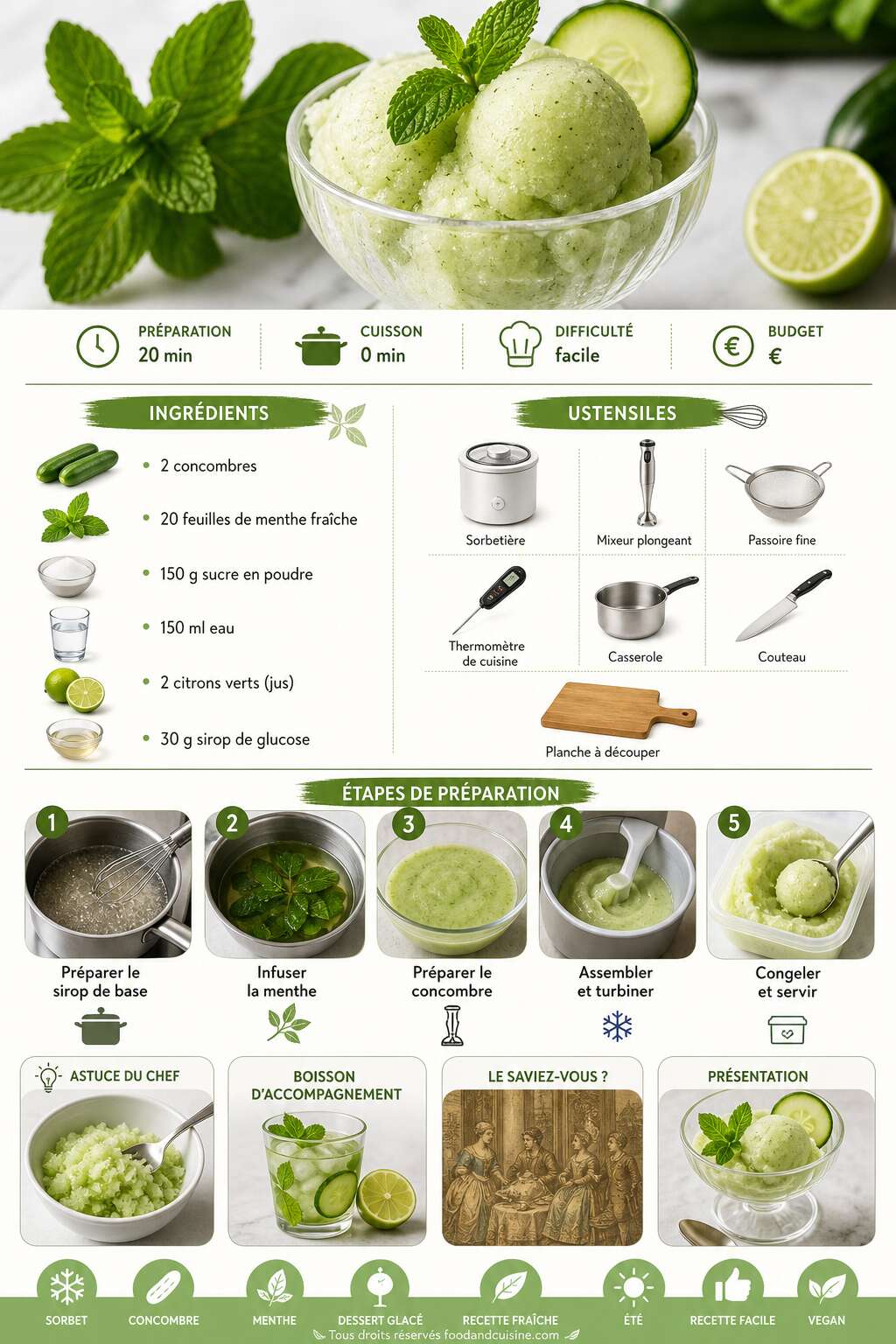Fiche recette Sorbet rafra&icirc;chissant au concombre et &agrave; la menthe fra&icirc;che