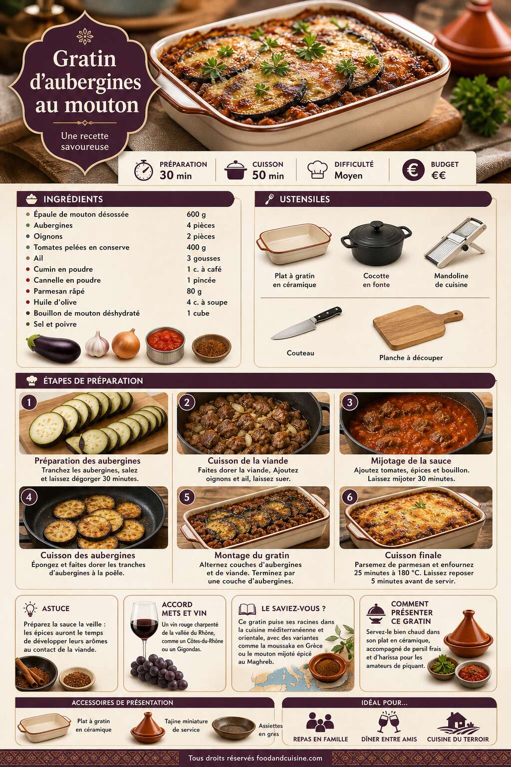 Fiche recette Gratin d'aubergines au mouton : une recette savoureuse