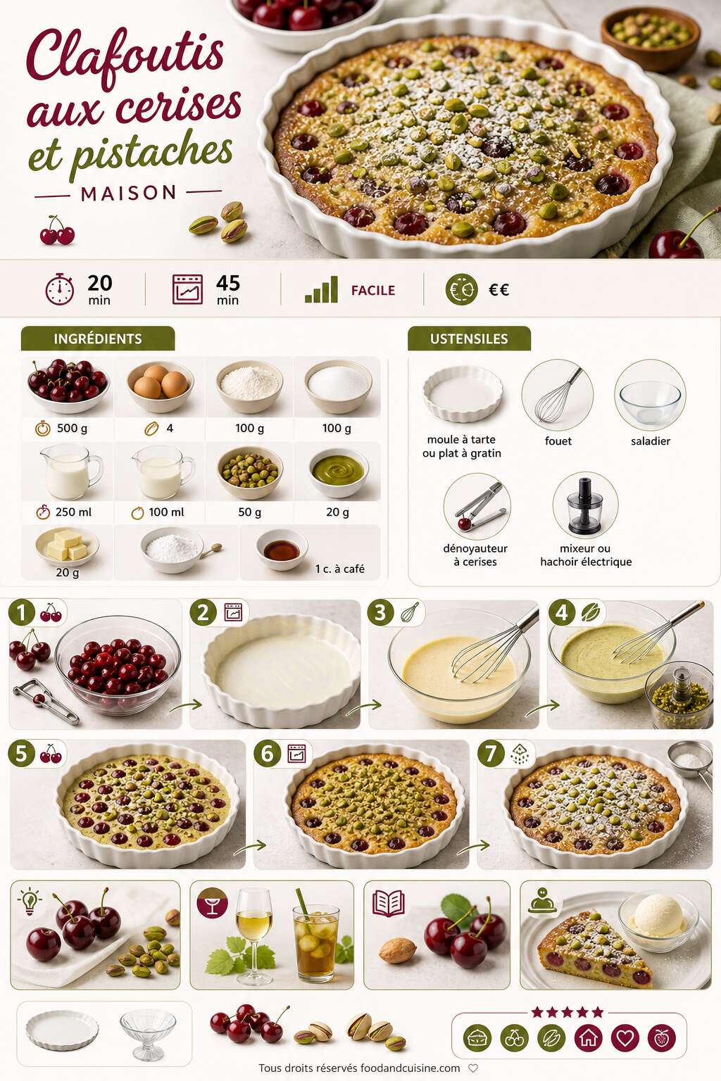 Fiche recette Clafoutis aux cerises et pistaches maison : recette gourmande