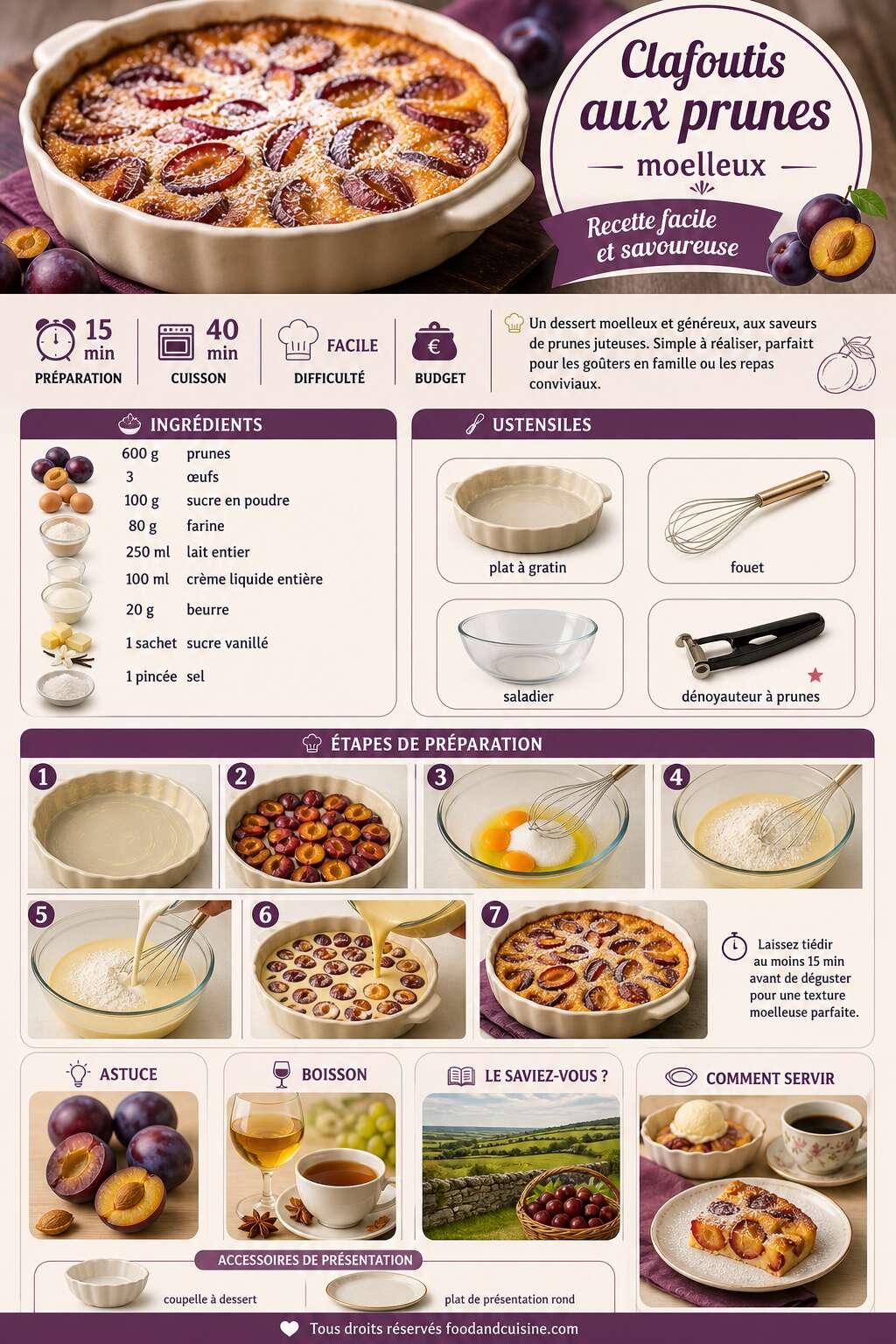 Fiche recette Clafoutis aux prunes moelleux : recette facile et savoureuse Fiche recette Clafoutis aux prunes moelleux : recette facile et savoureuse
