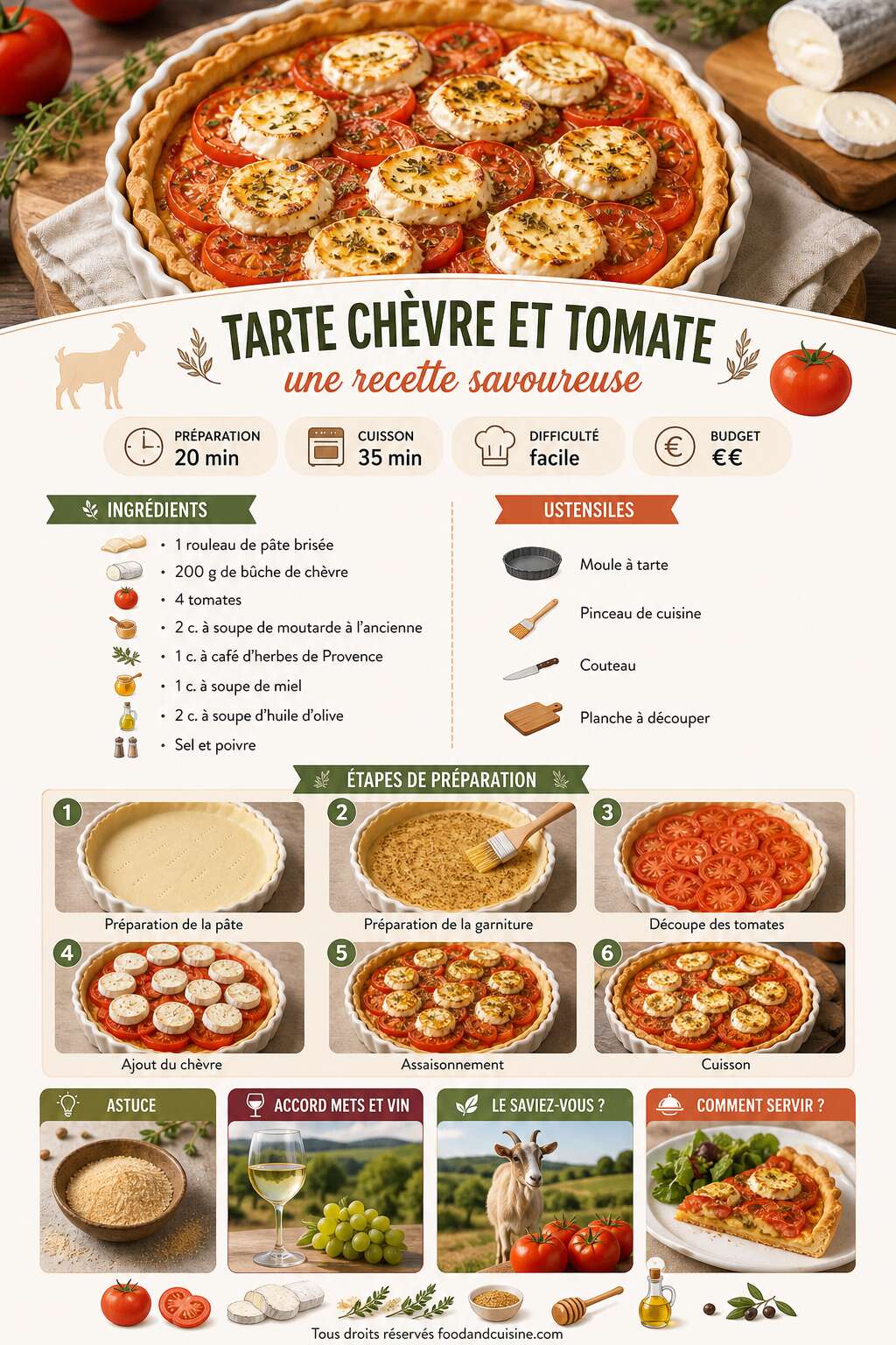 Fiche recette Tarte chèvre et tomate : une recette savoureuse Fiche recette Tarte chèvre et tomate : une recette savoureuse