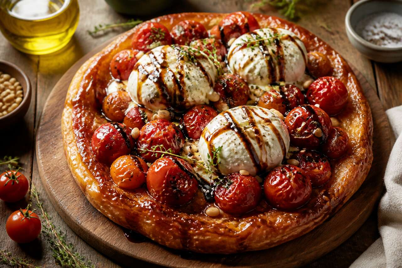 Tarte Tatin Tomate Cerise et Burrata : recette savoureuse
