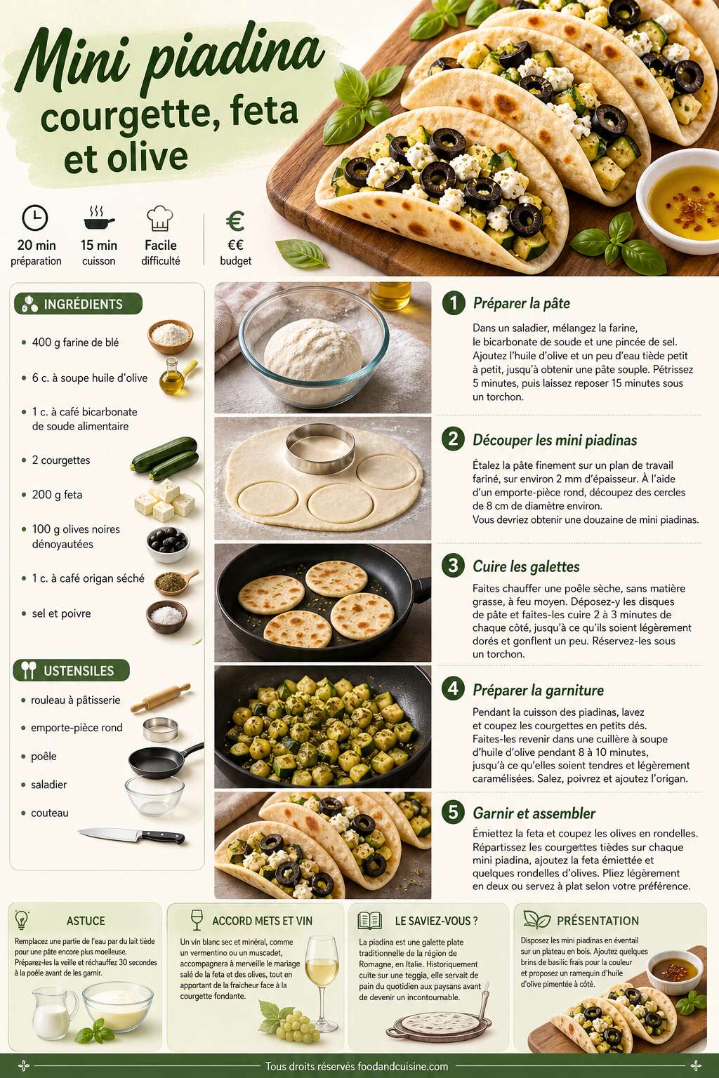 Fiche recette Mini piadina courgette, feta et olive : une recette gourmande