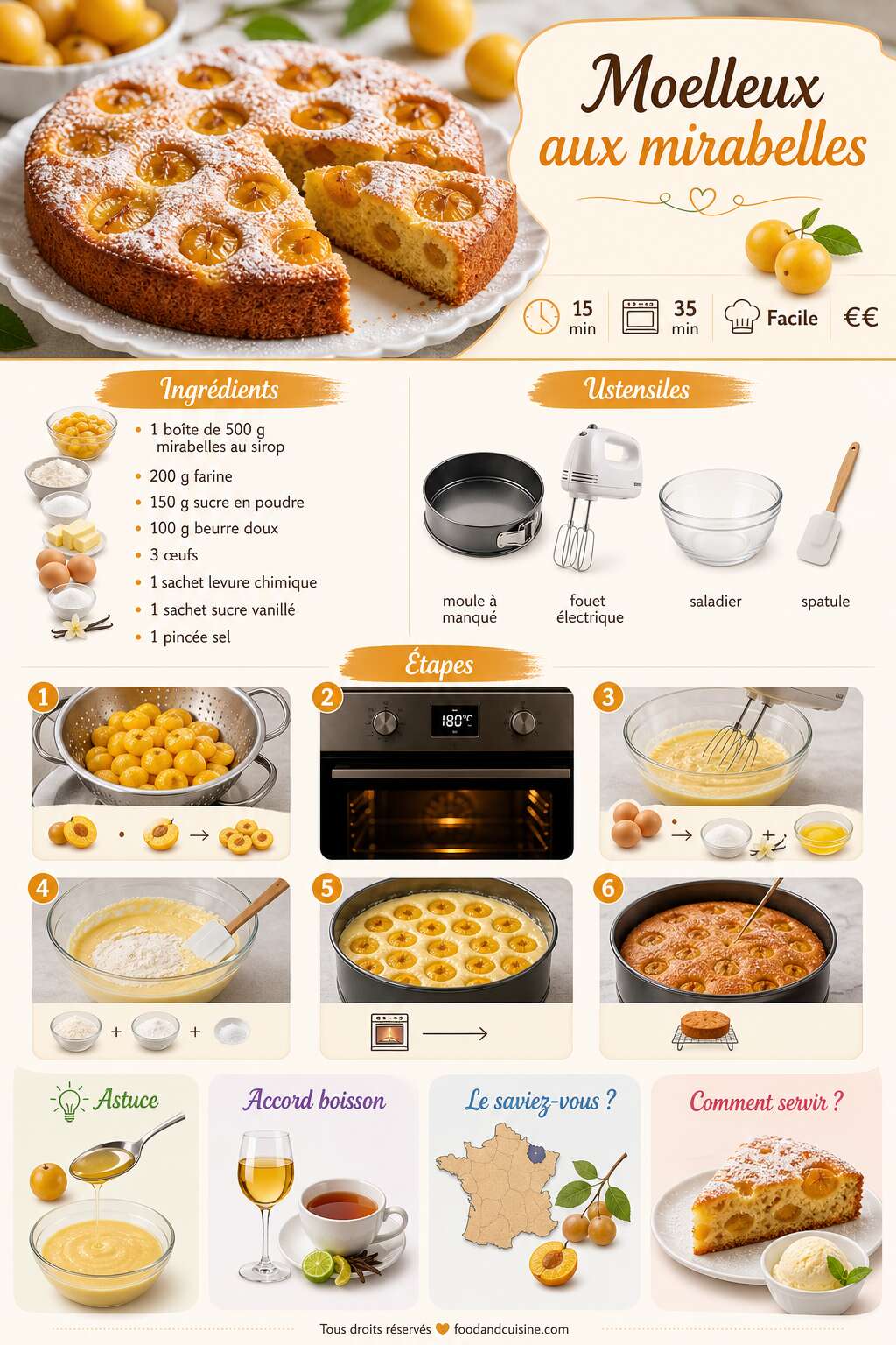 Fiche recette Recette facile : moelleux aux mirabelles Fiche recette Recette facile : moelleux aux mirabelles
