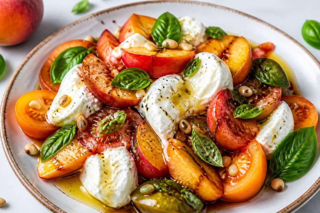 Salade fraîcheur : tomate, pêche et burrata