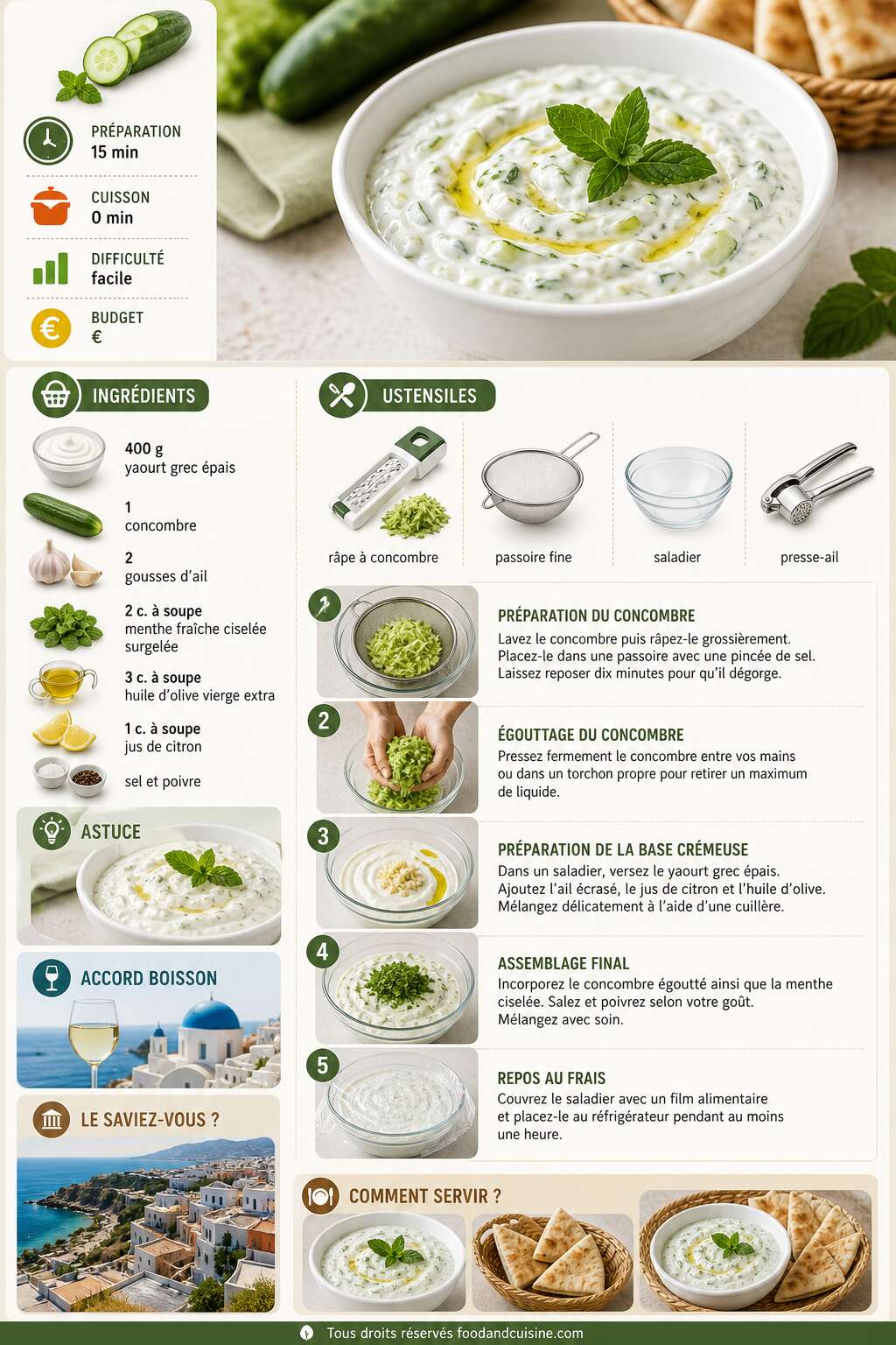 Fiche recette Tzatziki : recette de concombre &agrave; la cr&egrave;me de menthe