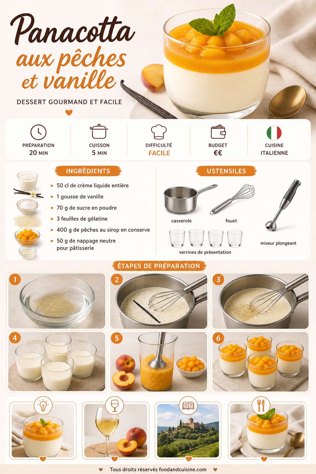 Fiche recette Panacotta aux p&ecirc;ches et vanille : dessert gourmand et facile