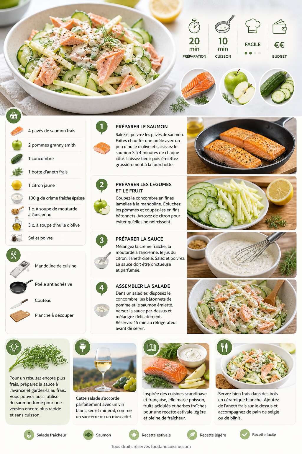 Fiche recette Salade fraîcheur au saumon, pomme et concombre : recette estivale et légère Fiche recette Salade fraîcheur au saumon, pomme et concombre : recette estivale et légère