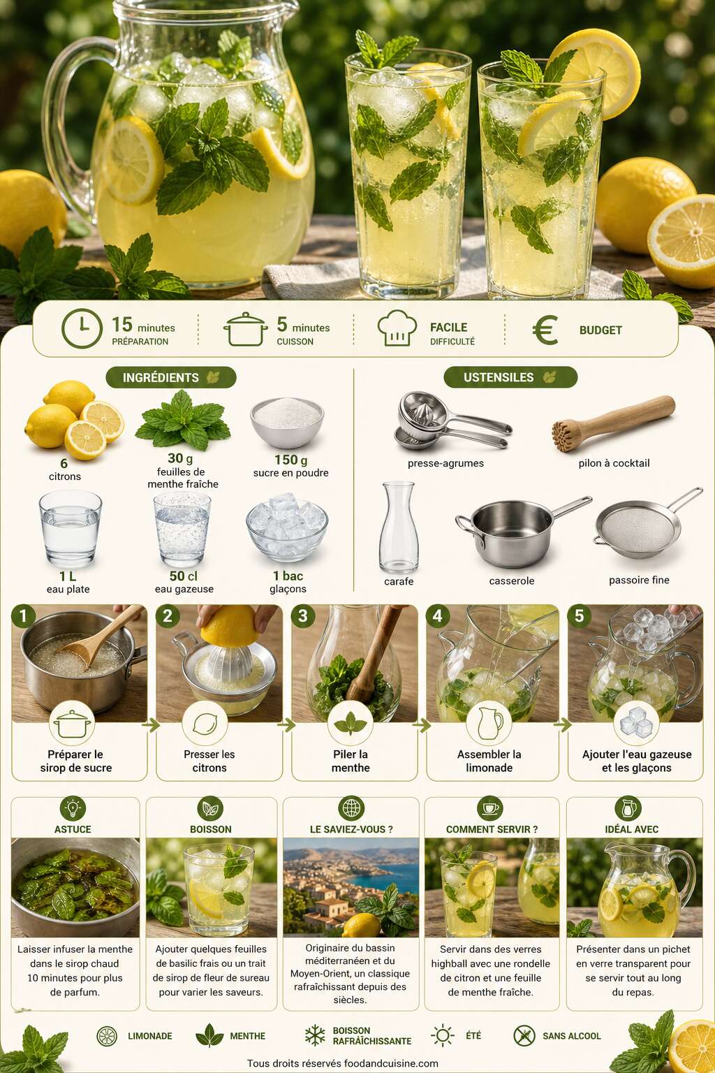 Fiche recette Limonade &agrave; la menthe : recette rafra&icirc;chissante