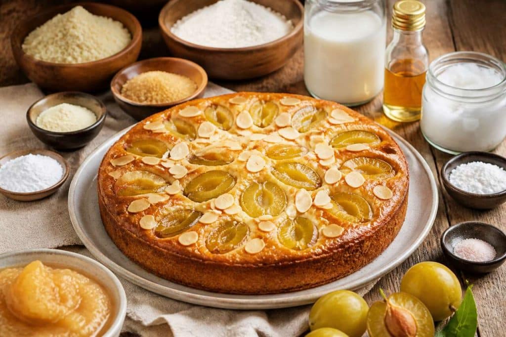 Recette de tarte moelleuse façon financier aux reines-claudes et fleur d'oranger (vegan)