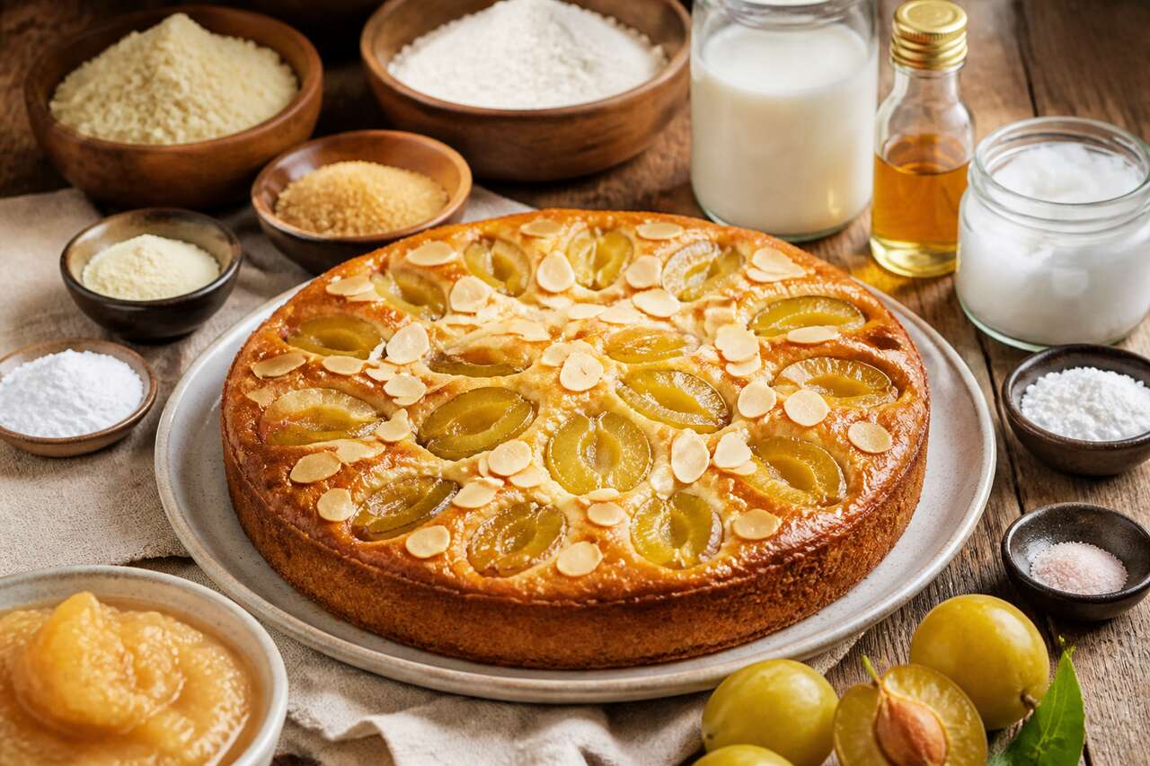 Recette de tarte moelleuse façon financier aux reines-claudes et fleur d'oranger (vegan)