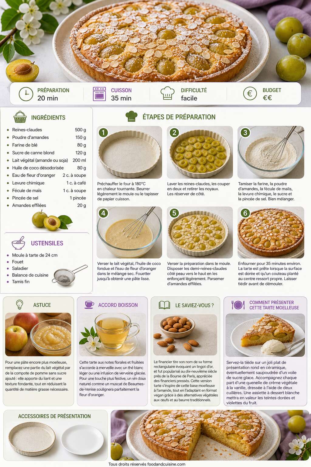 Fiche recette Recette de tarte moelleuse façon financier aux reines-claudes et fleur d'oranger (vegan) Fiche recette Recette de tarte moelleuse façon financier aux reines-claudes et fleur d'oranger (vegan)