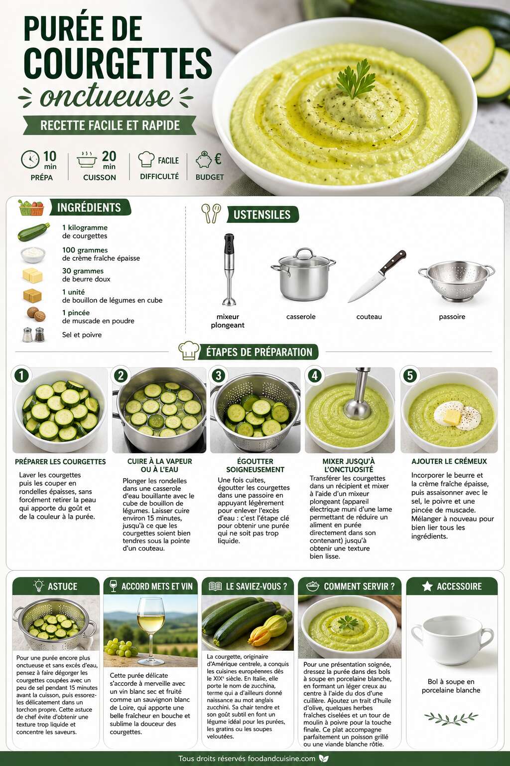 Fiche recette Pur&eacute;e de courgettes onctueuse : recette facile et rapide