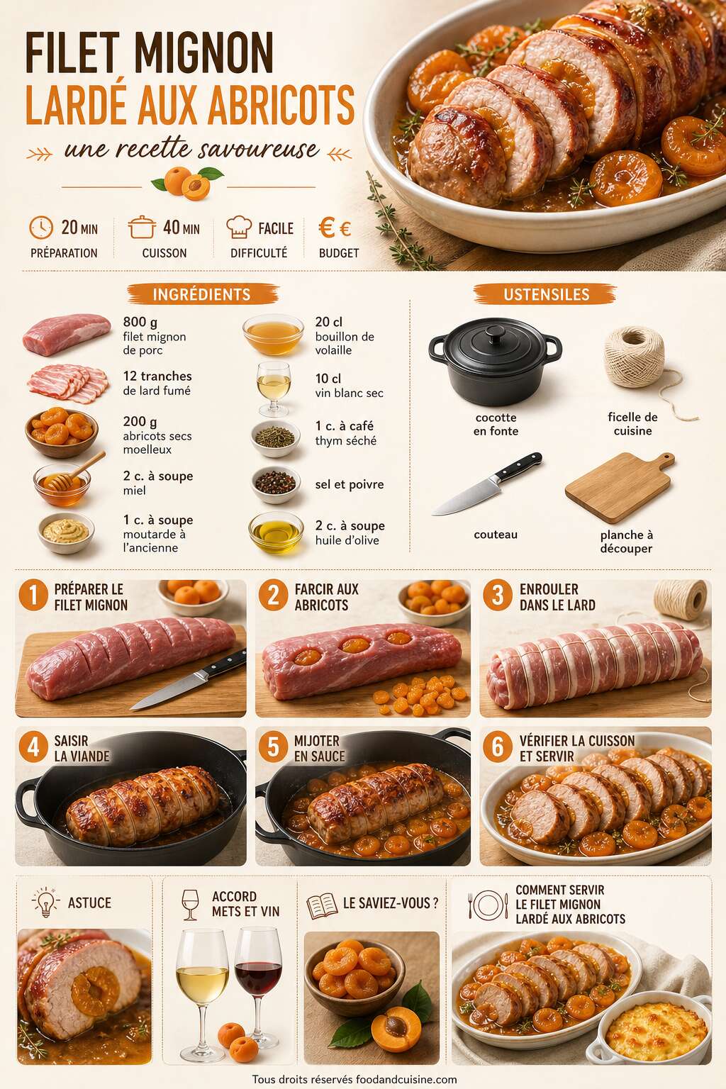 Fiche recette Filet mignon lardé aux abricots : une recette savoureuse Fiche recette Filet mignon lardé aux abricots : une recette savoureuse