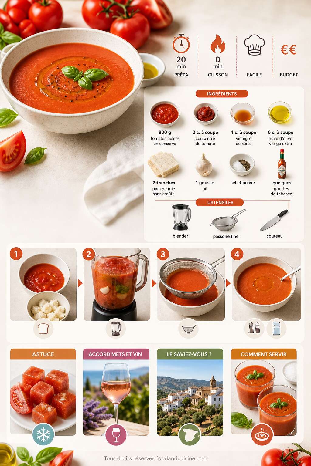 Fiche recette Soupe glac&eacute;e &agrave; la tomate : une recette rafra&icirc;chissante