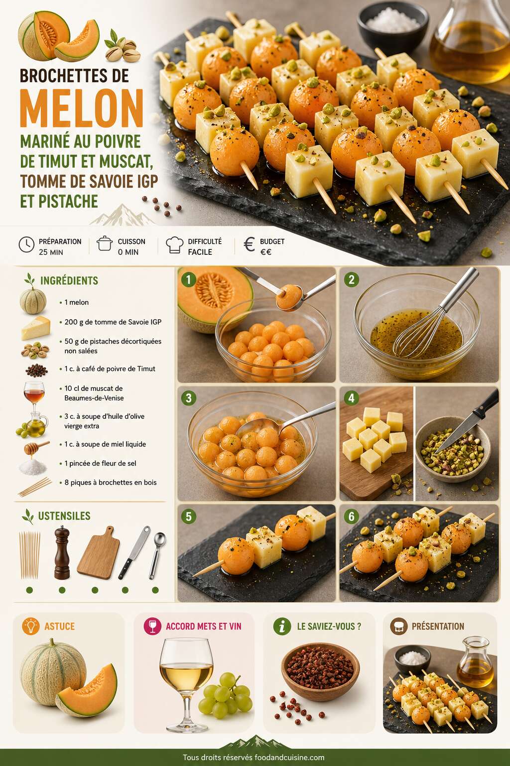 Fiche recette Brochettes de melon marin&eacute; au poivre de Timut et muscat, tomme de Savoie igp et pistache