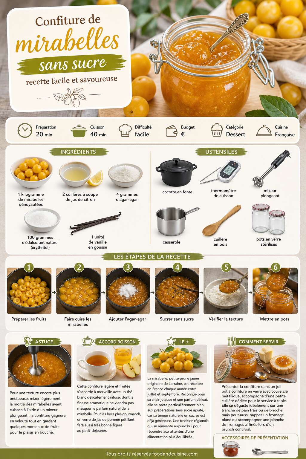 Fiche recette Confiture de mirabelles sans sucre : recette facile et savoureuse Fiche recette Confiture de mirabelles sans sucre : recette facile et savoureuse