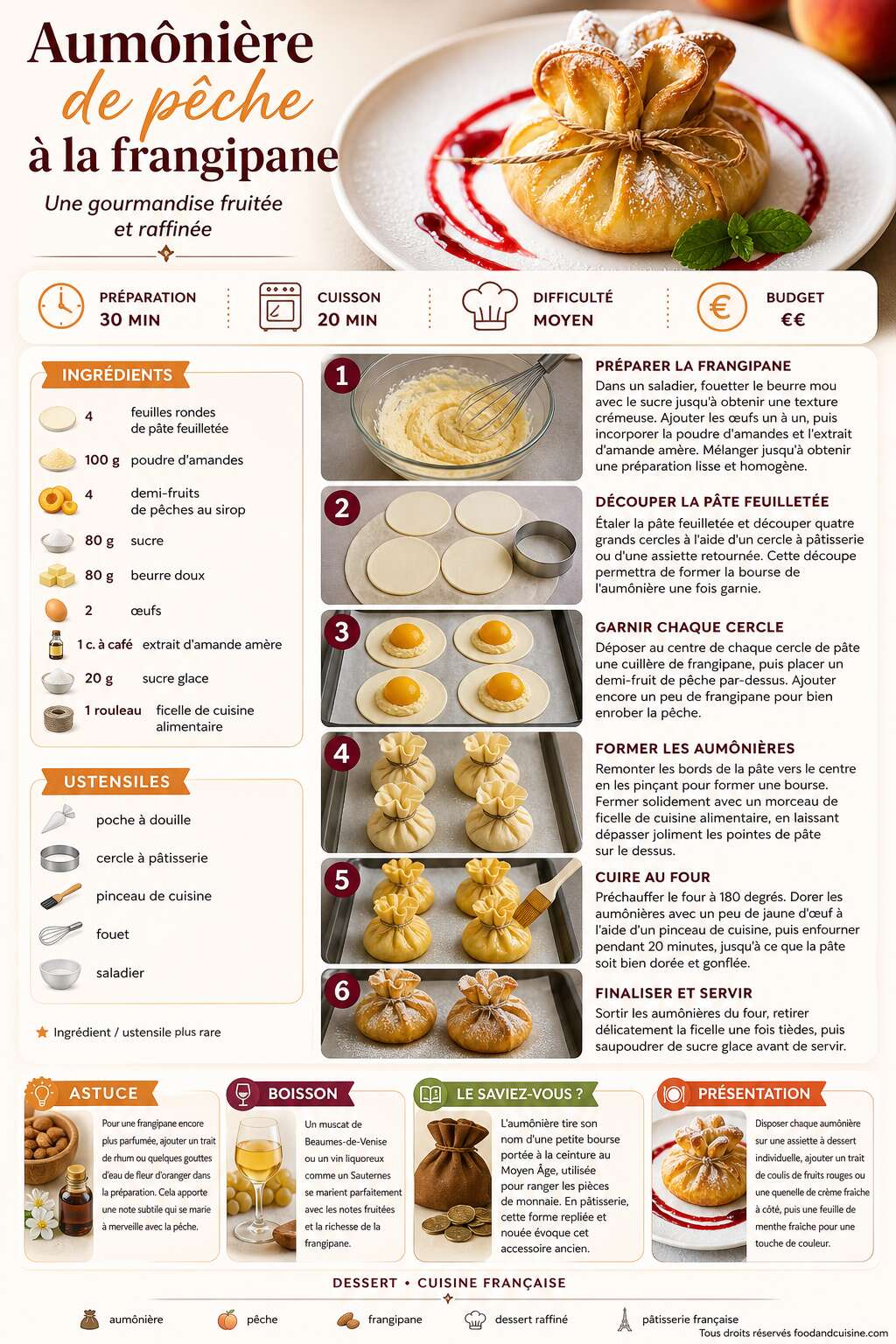 Fiche recette Aumônière de pêche à la frangipane : une gourmandise fruitée et raffinée Fiche recette Aumônière de pêche à la frangipane : une gourmandise fruitée et raffinée