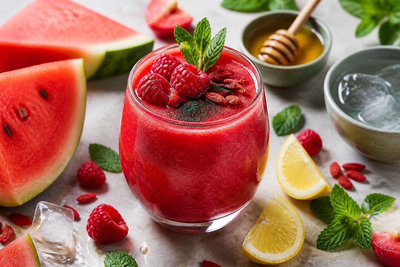 Smoothie antioxydant : pastèque, framboise et baies de goji