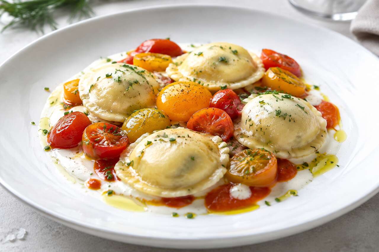 Raviole de saint-jacques et dégradé de tomates colorées