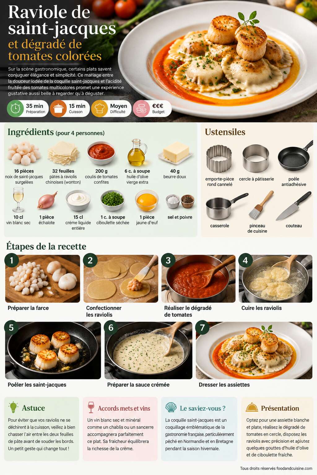 Fiche recette Raviole de saint-jacques et d&eacute;grad&eacute; de tomates color&eacute;es