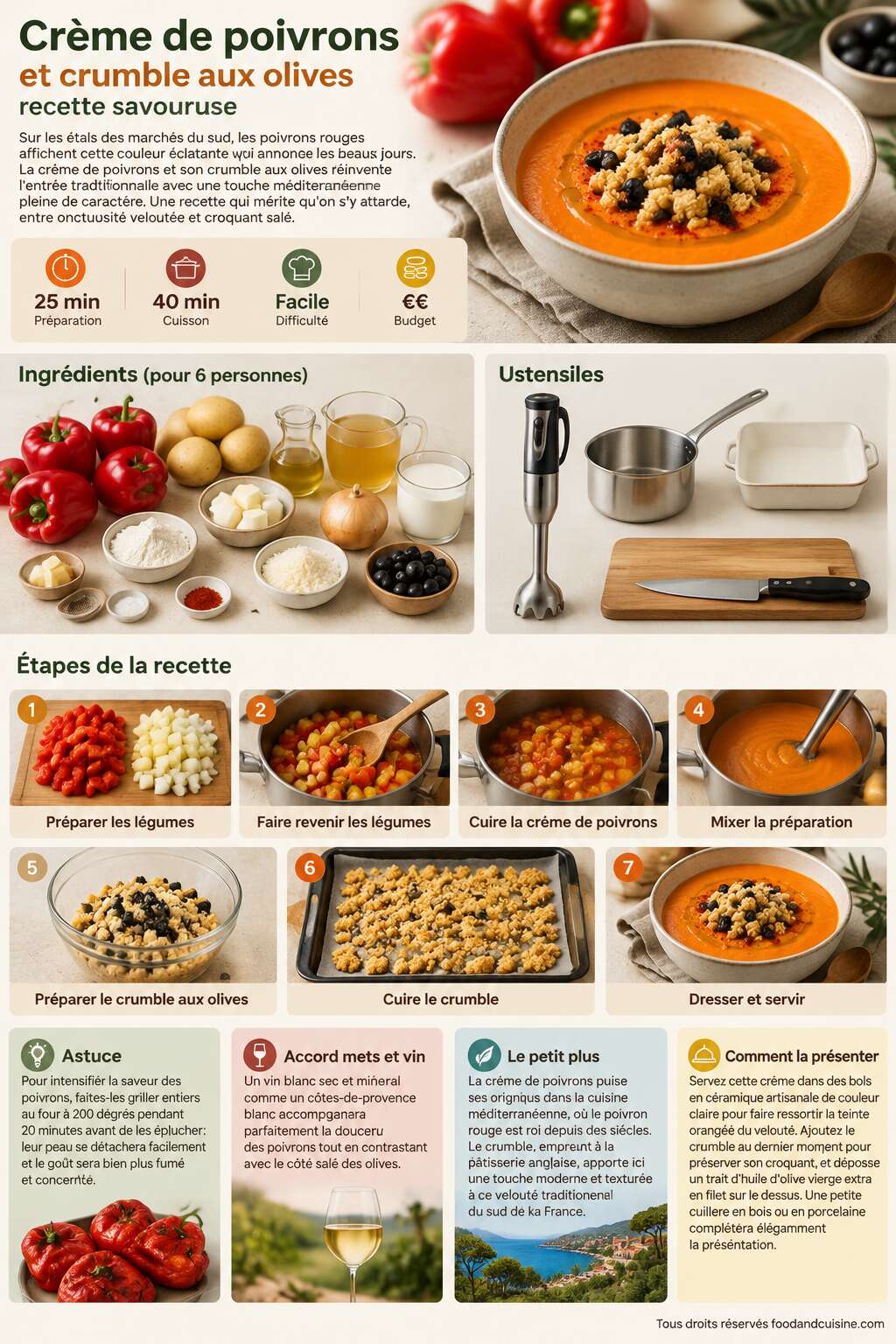Fiche recette Cr&egrave;me de poivrons et crumble aux olives : recette savoureuse