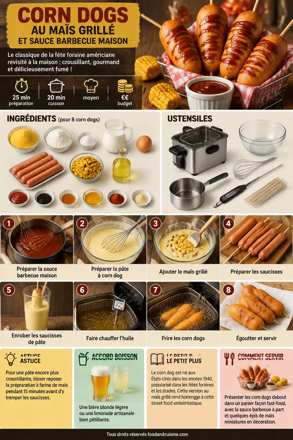 Fiche recette Recette de corn dogs au ma&iuml;s grill&eacute; et sauce barbecue maison